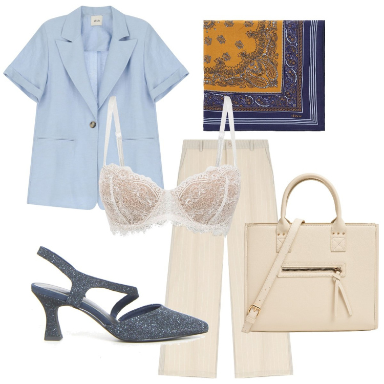 Outfit donna - La giacca con le maniche corte. Stile Bon Ton per Ufficio. Abbinamento con reggiseni a balconcino, shopping bag, pantaloni, blazer, foulard, décolleté.