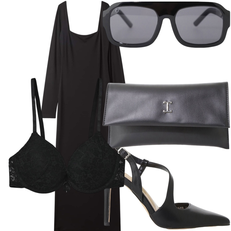 Outfit donna - Black night. Stile Chic per Serata fuori. Abbinamento con vestiti lunghi, reggiseni push-up, décolleté, occhiali da sole, pochette.