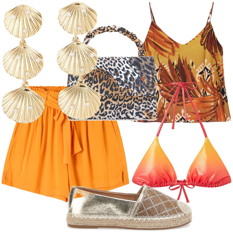Outfit donna - Notte sulla sabbia. Stile Trendy per Mare. Abbinamento con shorts, orecchini, bikini, canottiere, pochette, espadrillas.