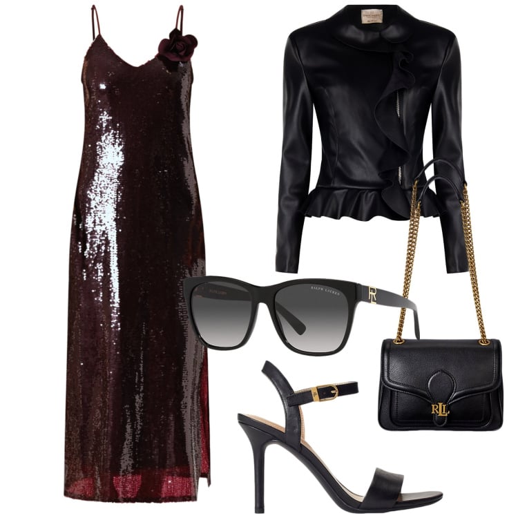 Outfit donna - In nero. Stile Glamour per Serata fuori. Abbinamento con blazer, vestiti midi/longuette, sandali in pelle, occhiali da sole, borse a spalla.