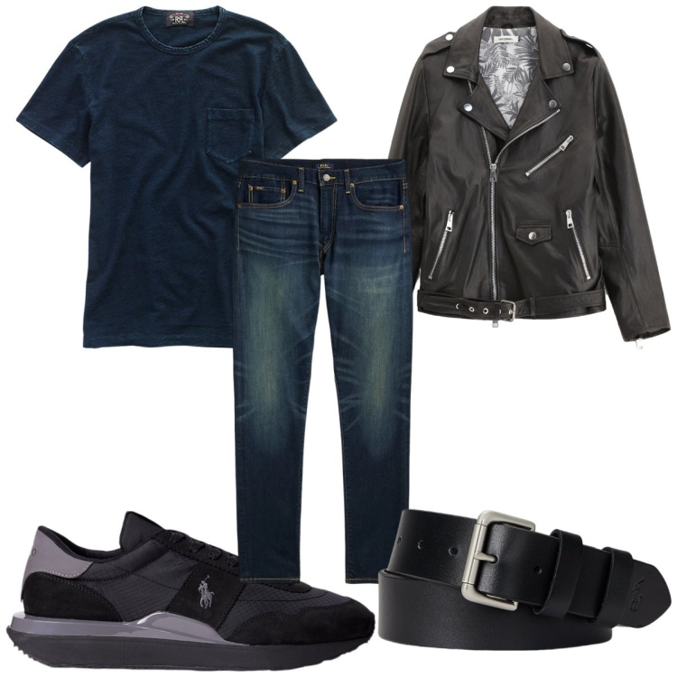 Outfit uomo - Total look #2226385. Stile Biker Rock per Tutti i giorni. Abbinamento con giacche, t-shirt, cinture, jeans, sneakers.