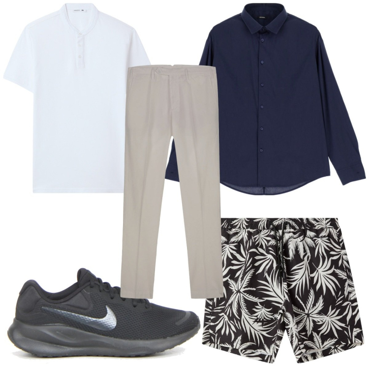 Outfit uomo - Total look #2226386. Stile Trendy per Mare. Abbinamento con t-shirt, costumi, camicie, pantaloni, sneakers.