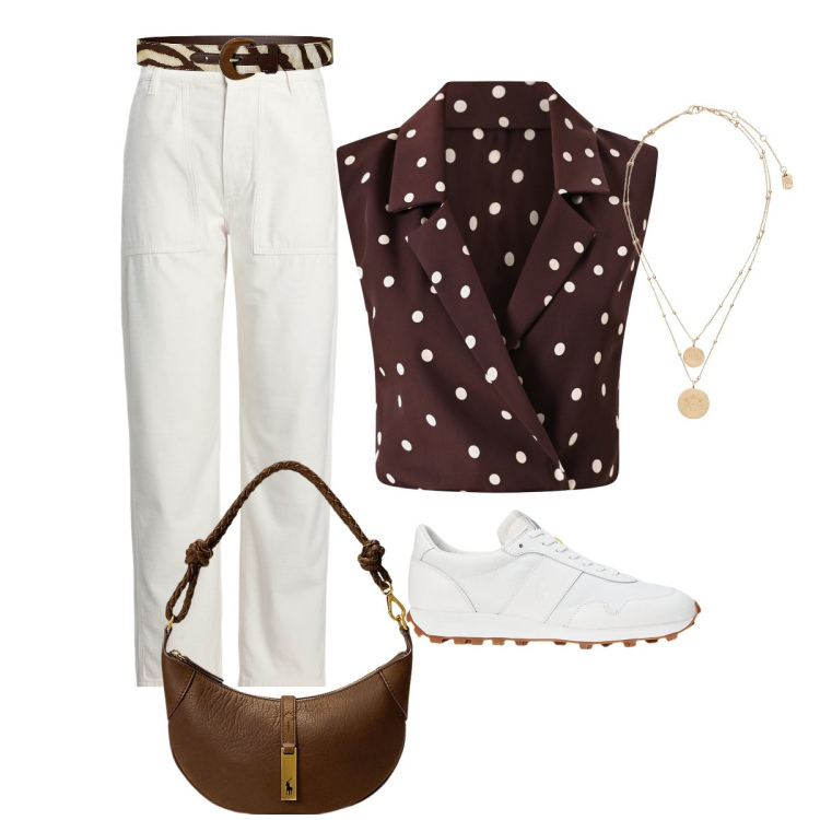 Outfit donna - In città. Stile Chic per Tutti i giorni. Abbinamento con top, sneakers, pantaloni, borse a spalla, cinture, ciondoli.