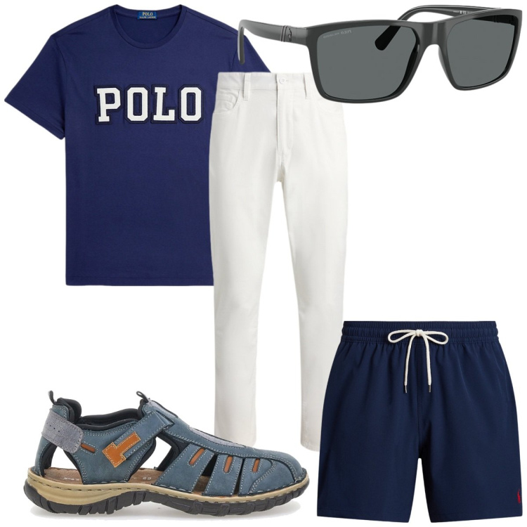 Outfit uomo - Total look #2226390. Stile Trendy per Mare. Abbinamento con costumi, t-shirt, occhiali da sole, pantaloni, sandali.