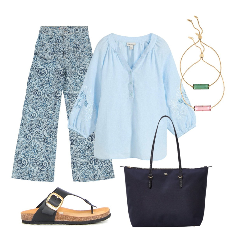 Outfit donna - Serata con gli amici. Stile Boho per Serata fuori. Abbinamento con bluse, jeans a zampa, borse tote, braccialetti, braccialetti, infradito.