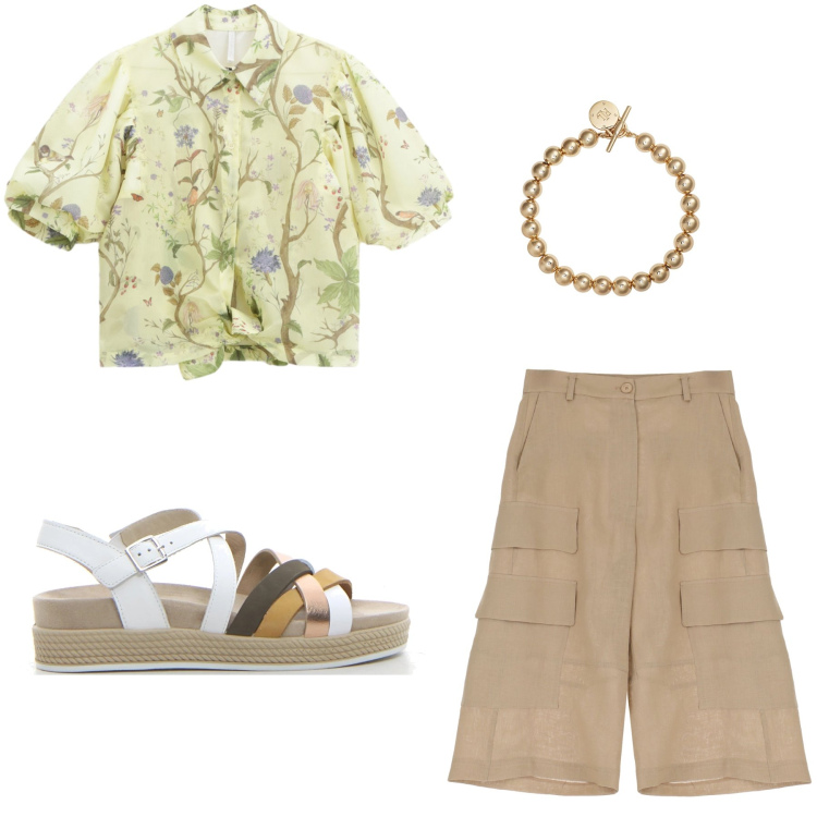 Outfit donna - Ferragosto. Stile Casual per Tutti i giorni. Abbinamento con shorts, camicie a manica corta, braccialetti, sandali.