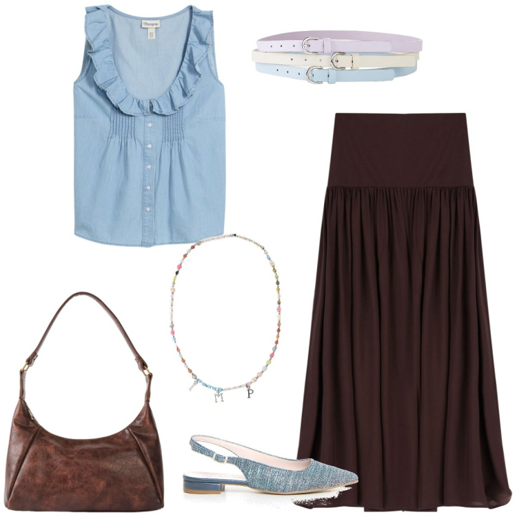 Outfit donna - Rouches. Stile Romantica per Tutti i giorni. Abbinamento con borse a mano, cinture, top, collane, gonne lunghe, décolleté.