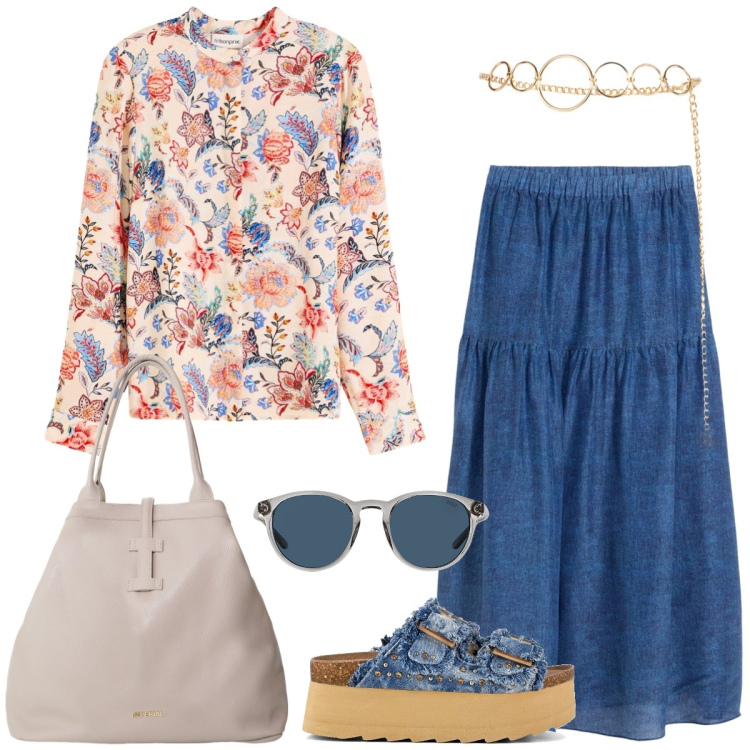 Outfit donna - In vacanza. Stile Boho per Tutti i giorni. Abbinamento con gonne lunghe, camicie, cinture, borse tote, occhiali da sole, zeppe.