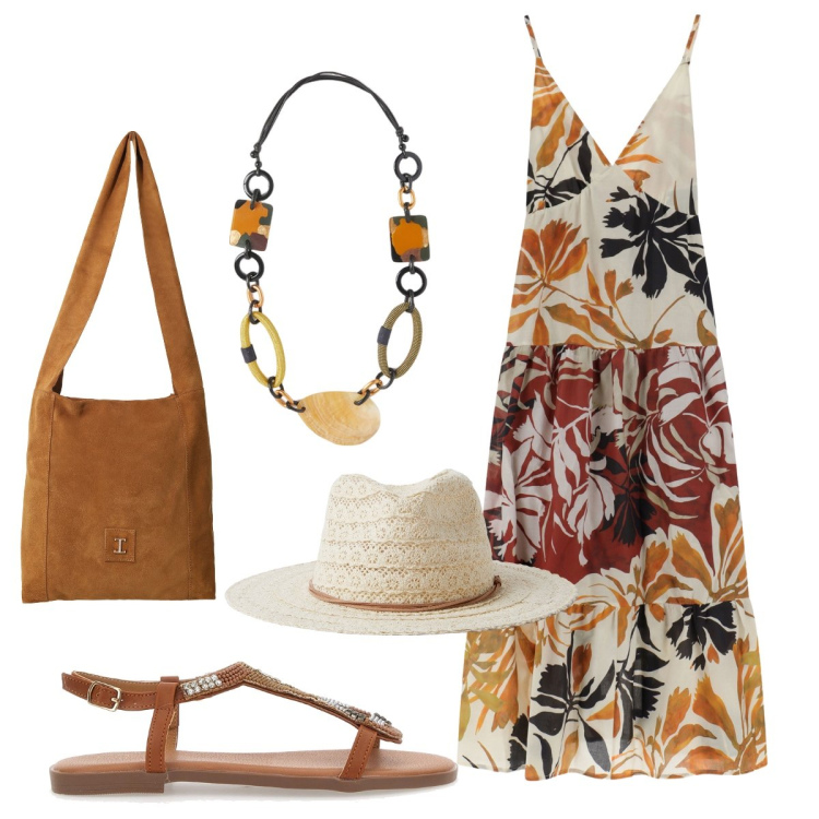 Outfit donna - Agosto. Stile Glamour per Tutti i giorni. Abbinamento con cappelli, vestiti lunghi, borse a tracolla, sandali gioiello, collane.