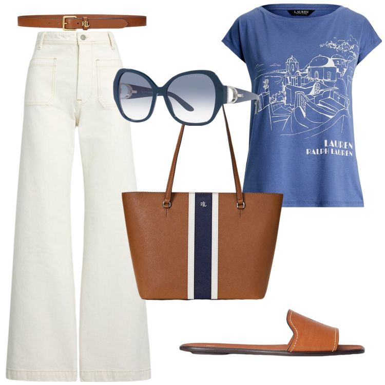 Outfit donna - Ferragosto in Grecia. Stile Casual per Tutti i giorni. Abbinamento con jeans, occhiali da sole, ciabatte, borse tote, cinture, t-shirt.