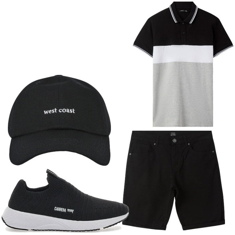 Outfit uomo - Righe di colore. Stile Casual per Tutti i giorni. Abbinamento con polo, cappelli con visiera, bermuda, sneakers.