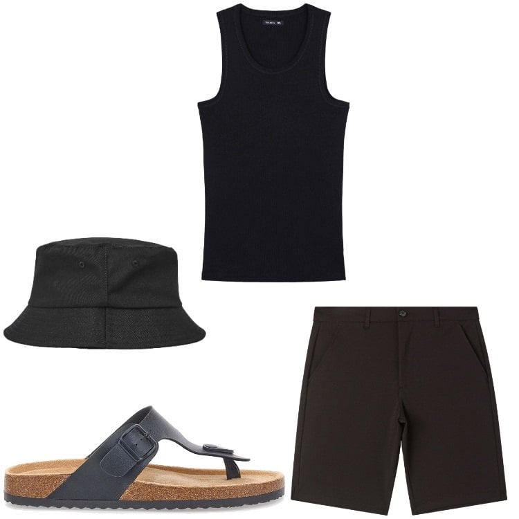 Outfit uomo - Beach boy. Stile Casual per Tutti i giorni. Abbinamento con cappelli, canottiere, pantaloni corti, sandali.