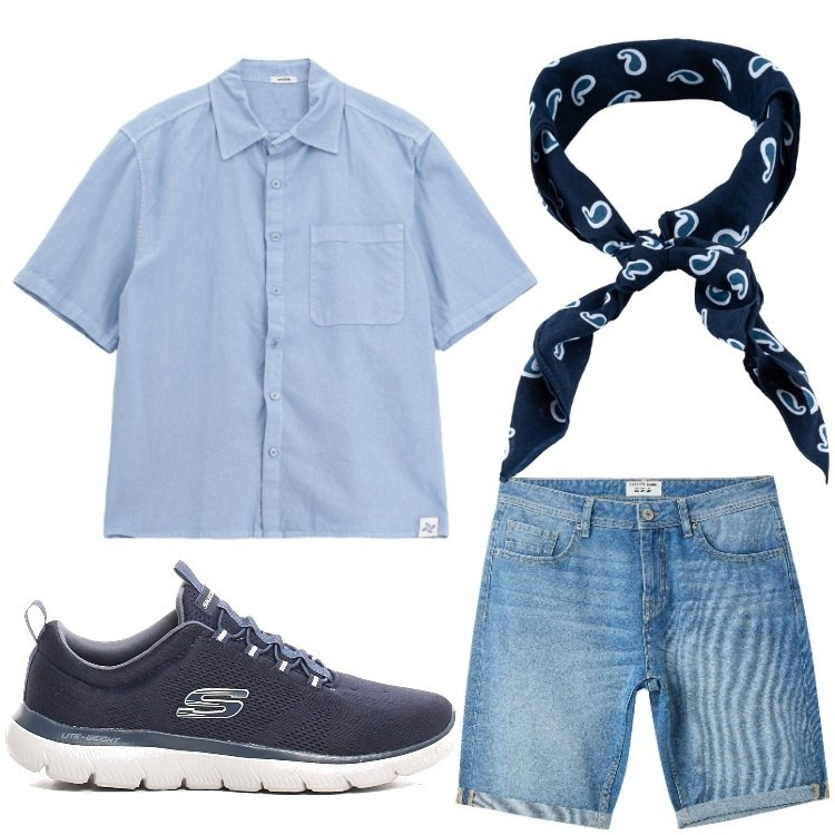 Outfit uomo - Denim. Stile Casual per Tutti i giorni. Abbinamento con bermuda, camicie, sciarpe e foulard, sneakers.