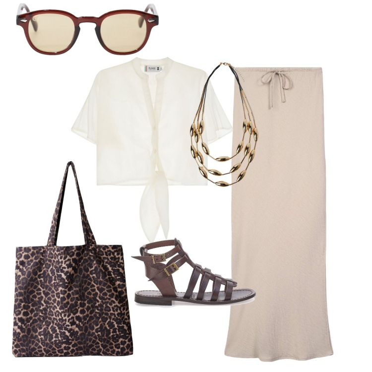 Outfit donna - In città senza impegni... Stile Glamour per Tutti i giorni. Abbinamento con gonne lunghe, shopping bag, camicie a manica corta, occhiali da sole, sandali alla schiava, collane.