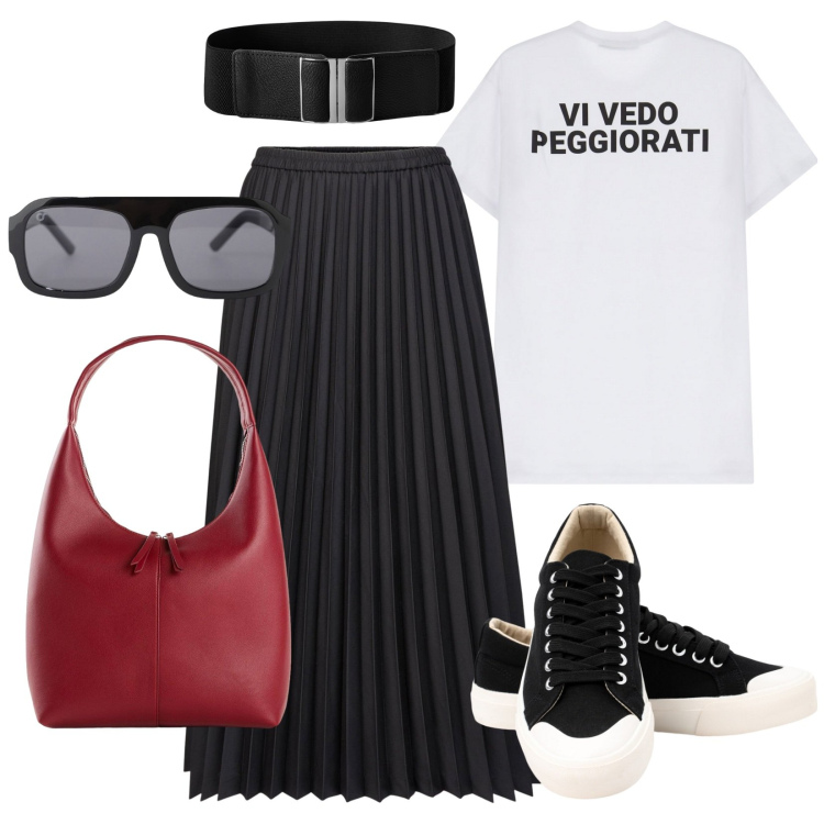 Outfit donna - T-shirt con ironia. Stile Trendy per Tutti i giorni. Abbinamento con shopping bag, cinture, t-shirt, occhiali da sole, gonne longuette, sneakers.