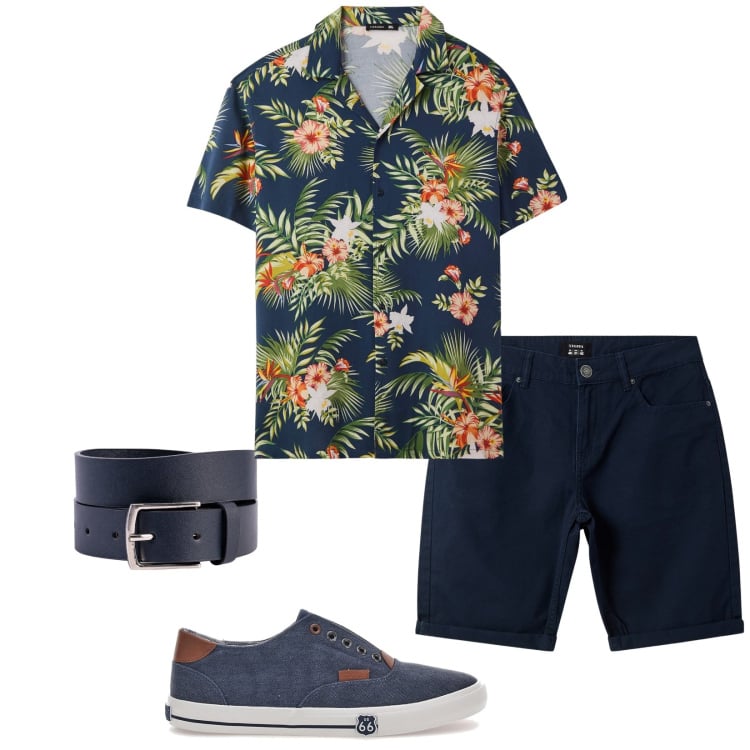 Outfit uomo - Tropical. Stile Casual per Serata speciale. Abbinamento con camicie a manica corta, bermuda, cinture, sneakers.