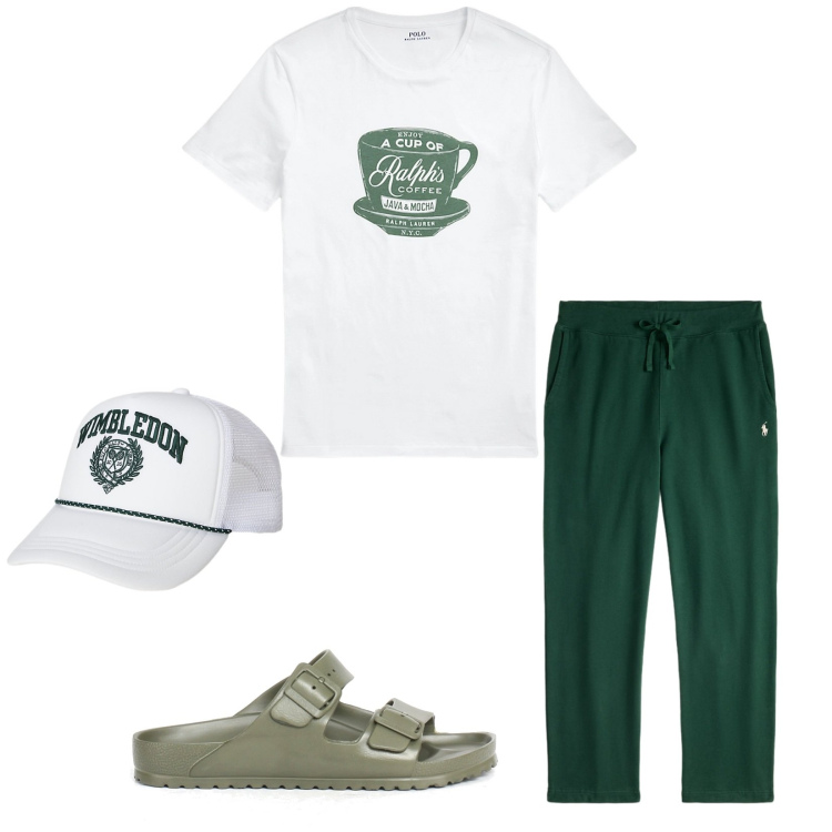 Outfit uomo - White and green. Stile Casual per Tutti i giorni. Abbinamento con t-shirt, cappelli, pantaloni, sandali.