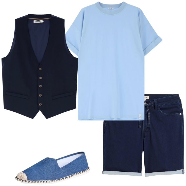 Outfit uomo - Uno stile tutto suo. Stile Trendy per Serata speciale. Abbinamento con bermuda, espadrillas, gilet, t-shirt.