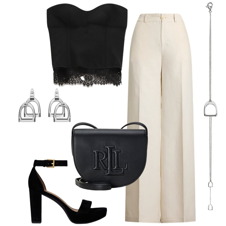 Outfit donna - Dopo il tramonto. Stile Sexy per Serata fuori. Abbinamento con top, braccialetti, pantaloni, sandali, orecchini, borse a tracolla.