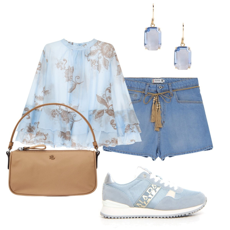 Outfit donna - Outfit romantico con camicetta IMPERIAL. Stile Romantica per Tutti i giorni. Abbinamento con shorts, camicie, pochette, orecchini, sneakers.