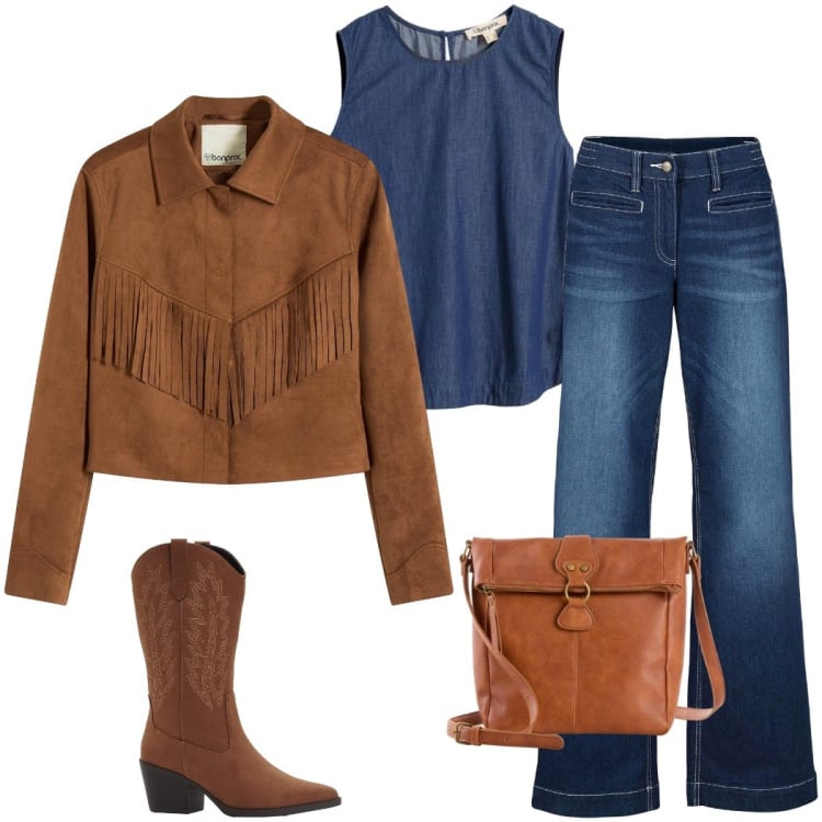 Outfit donna - Denim vintage. Stile Vintage retrò per Serata fuori. Abbinamento con jeans, blazer, top, borse a tracolla, stivali.