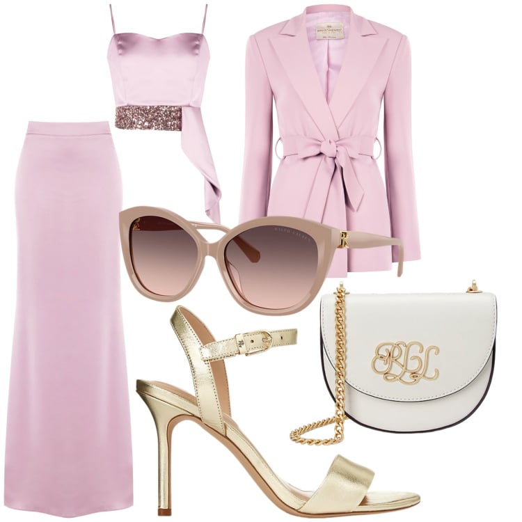 Outfit donna - Cerimonia ad Aragona. Stile Minimal per Cerimonia. Abbinamento con top, gonne lunghe, blazer, sandali in pelle, borse a tracolla, occhiali da sole.