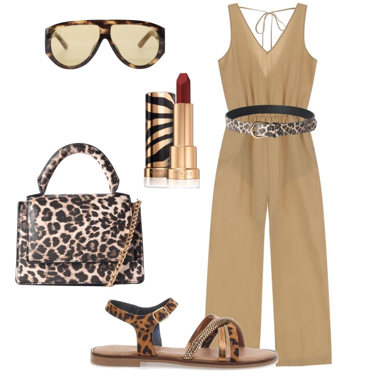 Outfit donna - Dettagli animalier. Stile Trendy per Tutti i giorni. Abbinamento con rossetti, cinture, borse a tracolla, tute, occhiali da sole, sandali.
