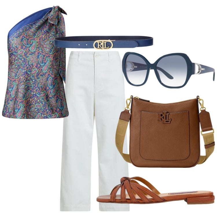Outfit donna - Viva Sant Tropez. Stile Trendy per Mare. Abbinamento con top, pantaloni, cinture, borse a tracolla, occhiali da sole, sandali in pelle.