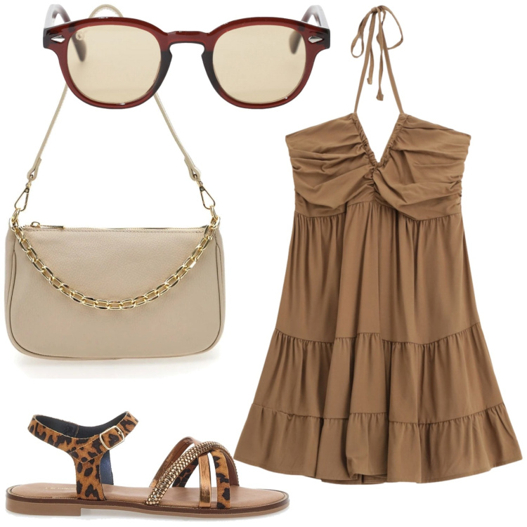 Outfit donna - Dettagli animalier. Stile Glamour per Tutti i giorni. Abbinamento con occhiali da sole, vestiti corti, sandali, borse a tracolla.