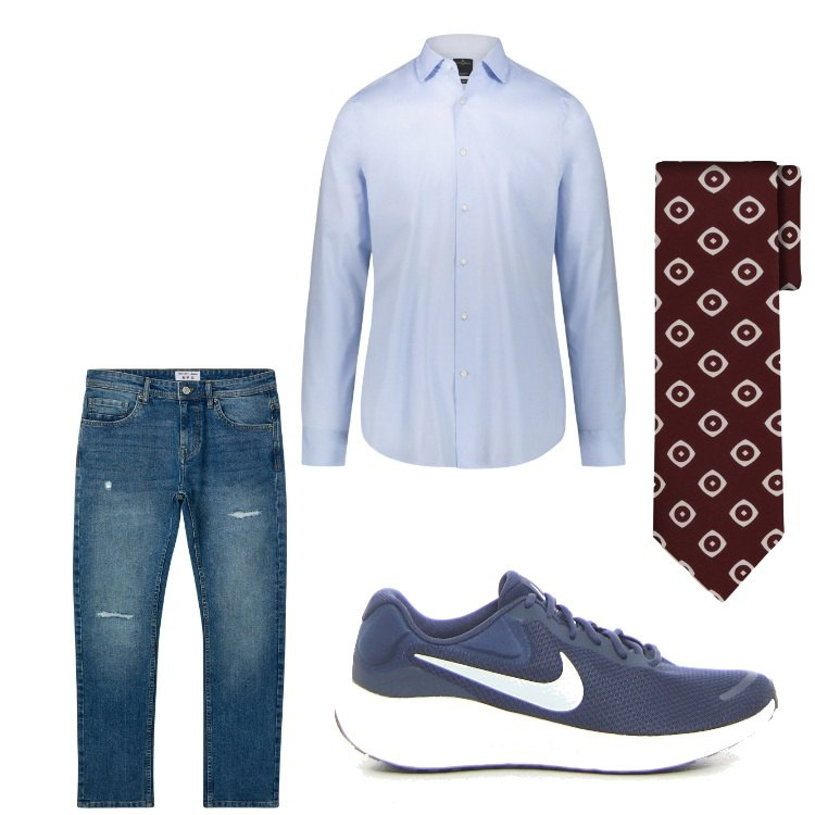 Outfit uomo - Denim elegante. Stile Casual per Serata speciale. Abbinamento con jeans strappati, camicie, cravatte, sneakers.