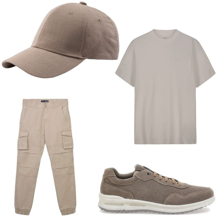 Outfit uomo - Color tortora. Stile Casual per Tutti i giorni. Abbinamento con pantaloni cargo, sneakers, t-shirt, cappelli con visiera.