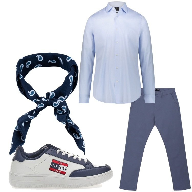 Outfit uomo - Foulard. Stile Business/Elegante per Serata speciale. Abbinamento con pantaloni chino, camicie, sciarpe e foulard, sneakers.