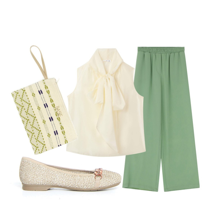 Outfit donna - Cerimonia informale. Stile Chic per Cerimonia. Abbinamento con bluse, pantaloni a palazzo, ballerine, pochette.