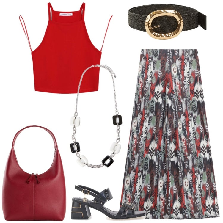 Outfit donna - Passeggiata. Stile Casual chic per Tutti i giorni. Abbinamento con shopping bag, top, cinture, pantaloni, sandali col tacco, collane.