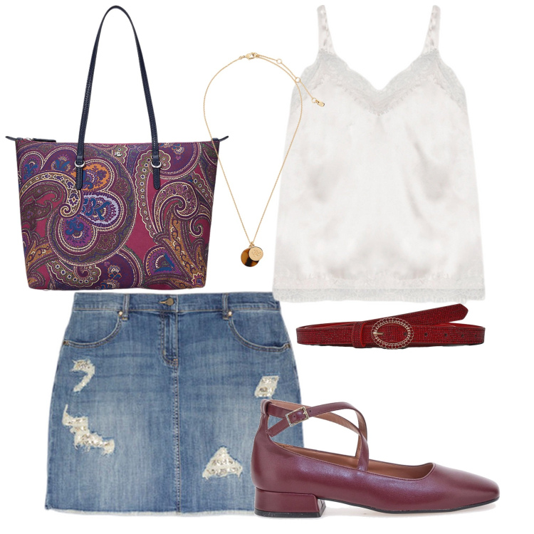 Outfit donna - A stasera 2. Stile Trendy per Tutti i giorni. Abbinamento con cinture, borse tote, collane, ballerine, canottiere, minigonne.