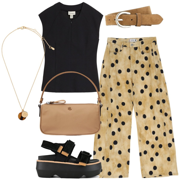 Outfit donna - In vacanza. Stile Casual per Tutti i giorni. Abbinamento con top, cinture, pantaloni, collane, pochette, sandali col tacco.