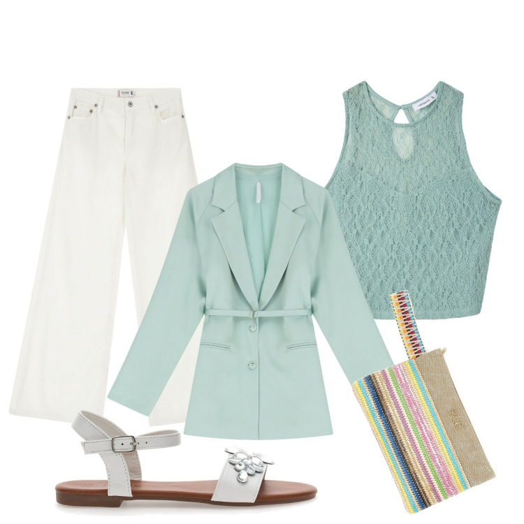 Outfit donna - Verde acqua. Stile Minimal per Tutti i giorni. Abbinamento con top, pantaloni, blazer, sandali gioiello, pochette.