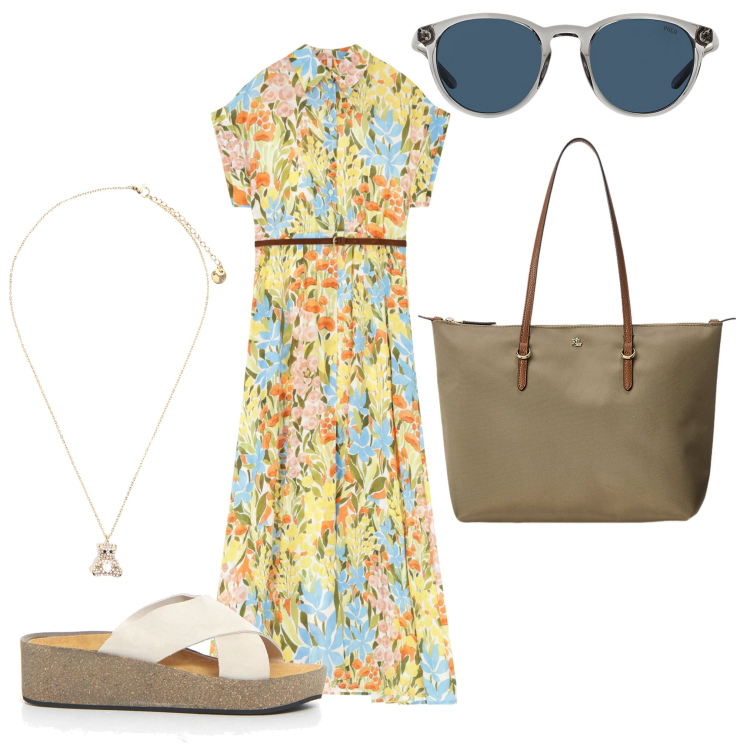 Outfit donna - L\'abito estivo. Stile Boho per Tutti i giorni. Abbinamento con vestiti lunghi, ciondoli, occhiali da sole, borse tote, ciabatte.