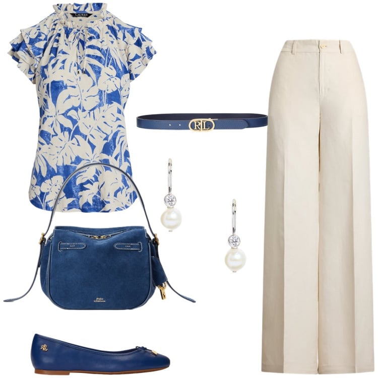 Outfit donna - Ufficio. Stile Chic per Ufficio. Abbinamento con top, cinture, ballerine, pantaloni, borse a mano, orecchini.