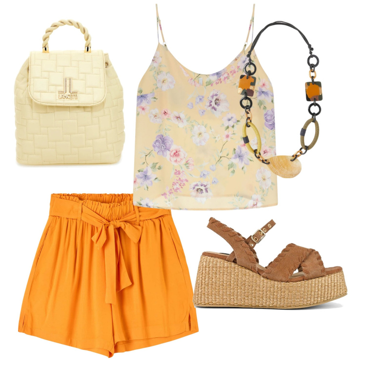 Outfit donna - Un caldo pomeriggio. Stile Minimal per Tutti i giorni. Abbinamento con shorts, canottiere, zaini, zeppe, collane.
