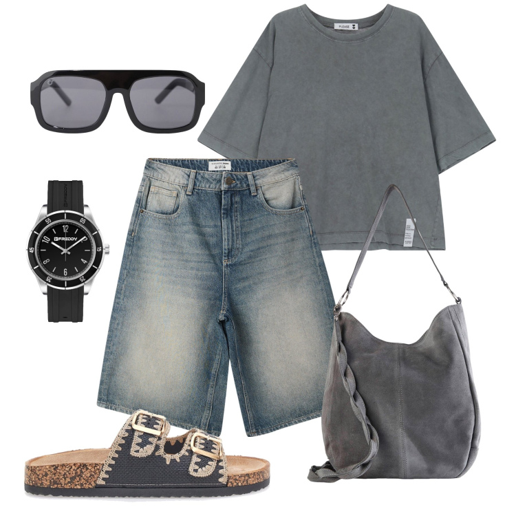 Outfit donna - Look senza pensieri. Stile Urban per Tutti i giorni. Abbinamento con borse a mano, bermuda, t-shirt, occhiali da sole, orologi, ciabatte.