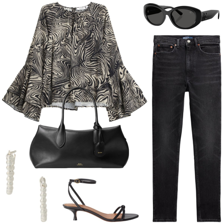 Outfit donna - Aperitivo in jeans. Stile Casual chic per Serata fuori. Abbinamento con camicie, orecchini, sandali in pelle, occhiali da sole, jeans slim fit, borse a mano.