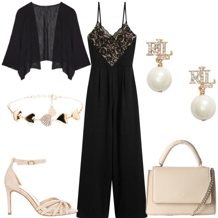 Outfit donna - Cerimonia. Stile Chic per Cerimonia. Abbinamento con tute, borse a tracolla, sandali col tacco, braccialetti, orecchini, bolero.