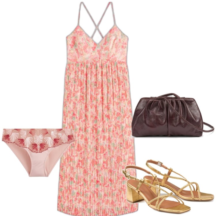 Outfit mujer - Chic #9631. Estilo Chic para Noche/Fiesta elegante. Combinación con vestidos largos, braga culotte, bolsos de mano, sandalias de piel.