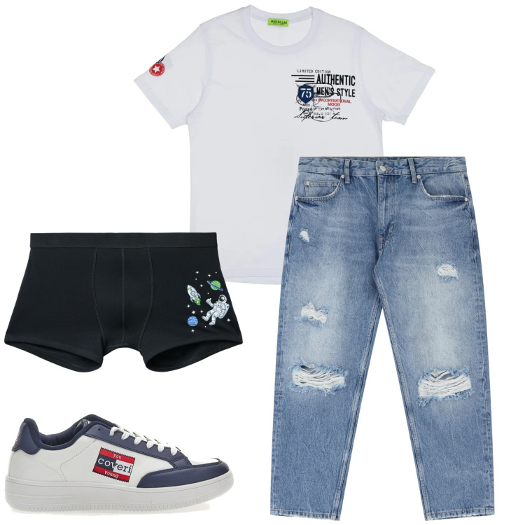 Outfit uomo - Total look #2226514. Stile Casual per Tutti i giorni. Abbinamento con boxer, jeans strappati, t-shirt, sneakers.