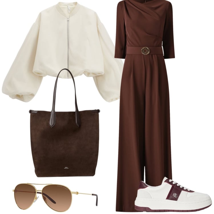 Outfit donna - In viaggio. Stile Casual chic per Tutti i giorni. Abbinamento con tute, bomber, sneakers, borse tote, occhiali da sole.