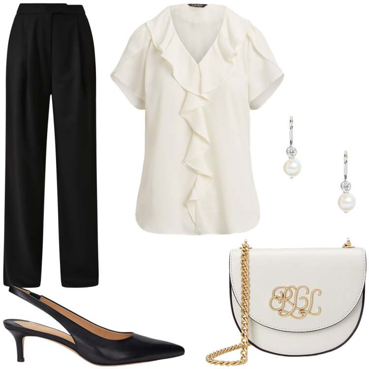 Outfit donna - Essentials. Stile Chic per Serata fuori. Abbinamento con pantaloni, camicie, borse a tracolla, décolleté, orecchini.