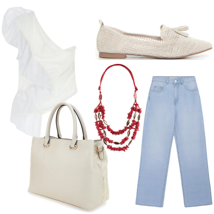 Outfit donna - City. Stile Casual chic per Tutti i giorni. Abbinamento con jeans, top, ballerine, collane, borse a tracolla.