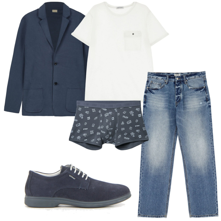 Outfit uomo - Total look #2226526. Stile Trendy per Serata speciale. Abbinamento con boxer, jeans, t-shirt, cardigans, scarpe stringate.