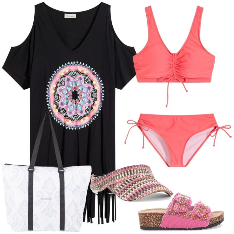 Outfit donna - Al mare. Stile Boho per Mare. Abbinamento con vestiti da spiaggia, bikini, shopping bag, cappelli con visiera, ciabatte.